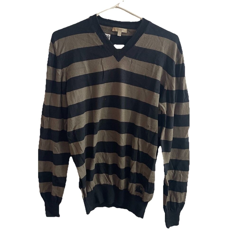 Burberry London Black Gray Stripe V Neck Sweater Merino Wool *Flaw Preppy